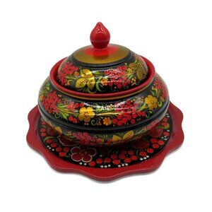 Lidded Sugar Bowl and Plate RUSSIAN LACQUERWARE from Russia